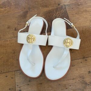 Tory Burch White Leather Thong Sandals with Gold Logo Medallion